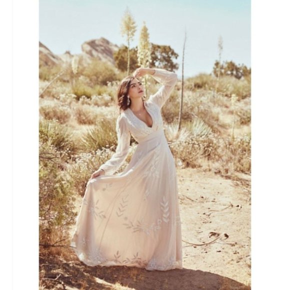 Anthropologie BHLDN Belize Dress Wedding Gown Maxi Long Sleeve Formal Cream 4 - Picture 4 of 14